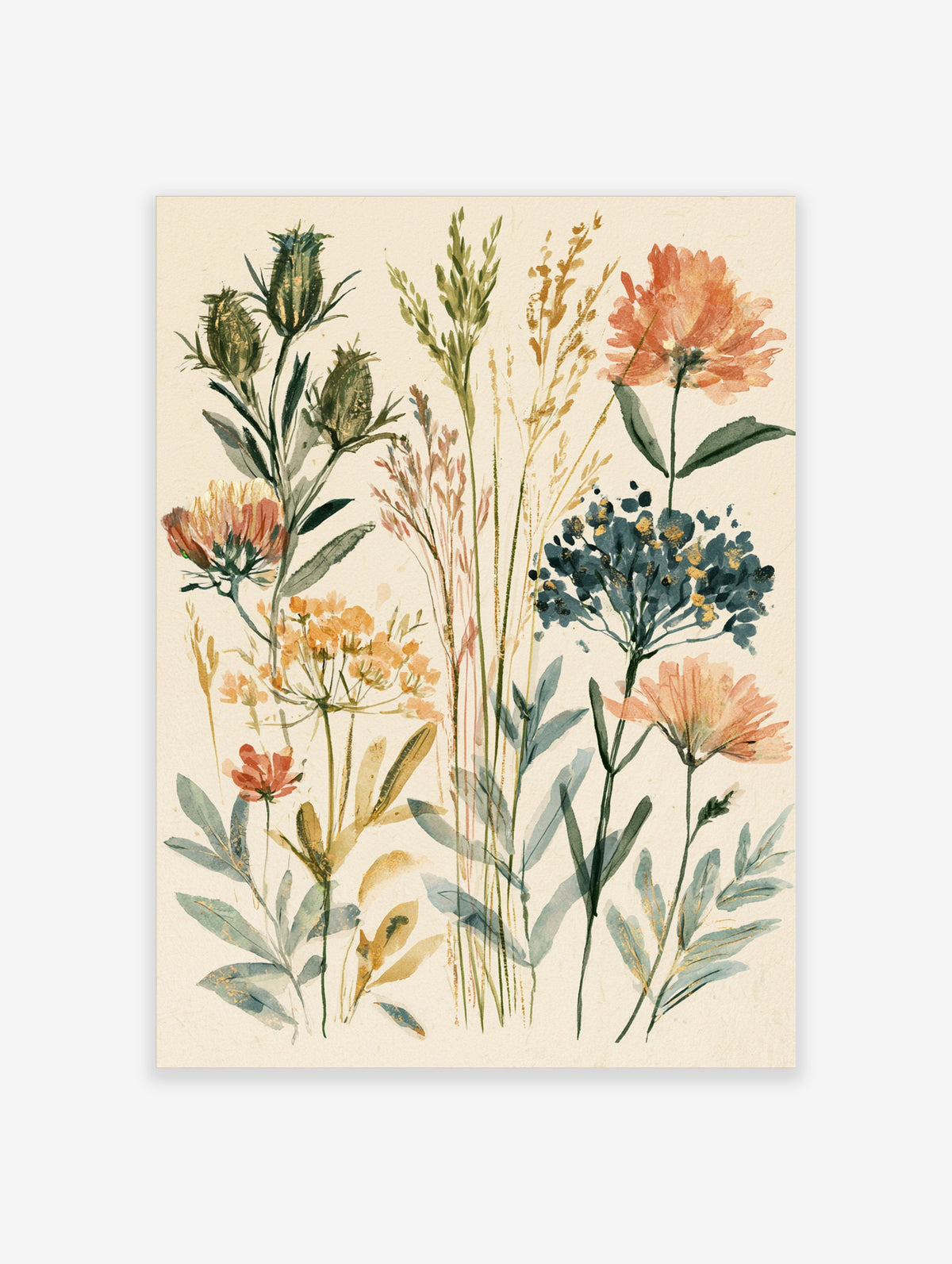 Watercolour wildflower meadow poster with thistles, orange blooms, and blue berries on cream background