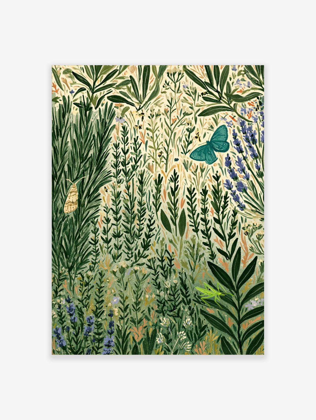 Wildflower meadow art print with teal butterfly, pale moth, green stems, and purple lavender