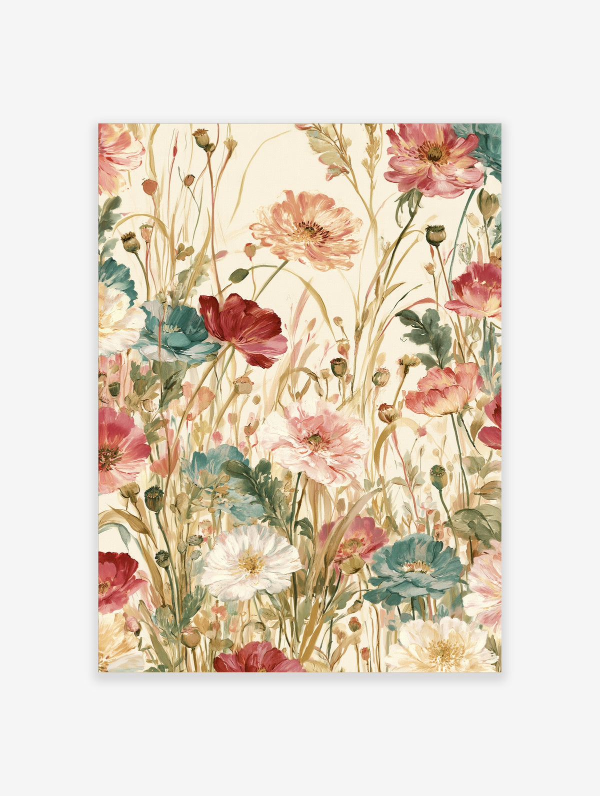 Wildflower meadow art print with red, pink, and blue poppies on cream background
