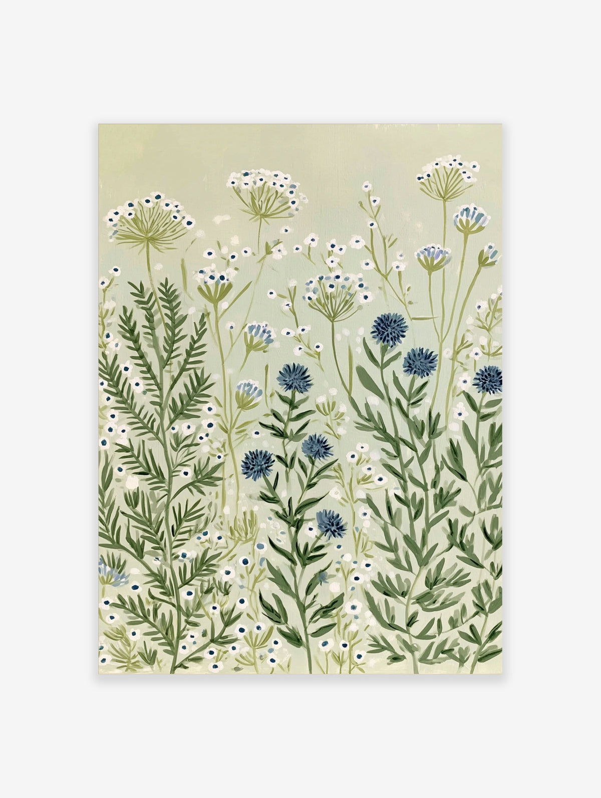 Wildflower meadow art print with white umbellifers, blue cornflowers, and green foliage on sage background