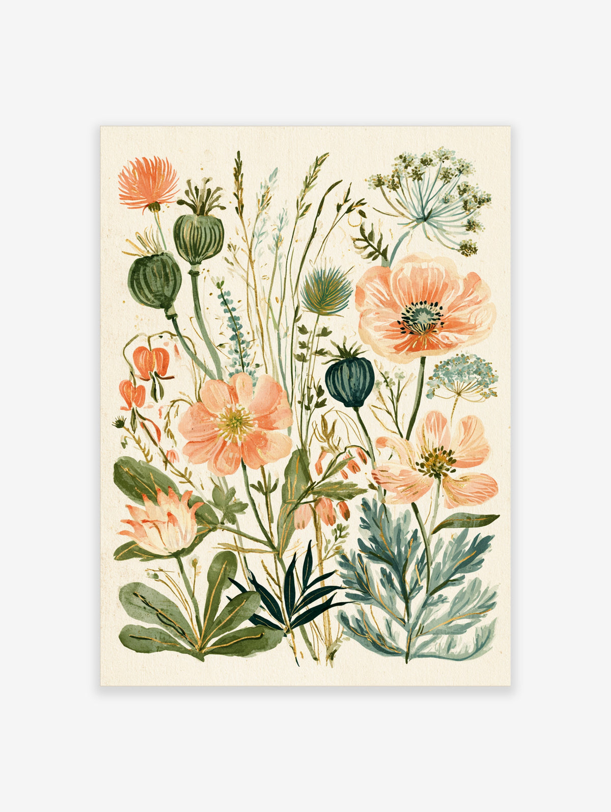 Wildflower meadow botanical art print with peach poppies, green seed pods, and blue umbels on cream background