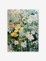 Painterly wildflower meadow art print with yellow, orange, and white flowers, green foliage, and light background