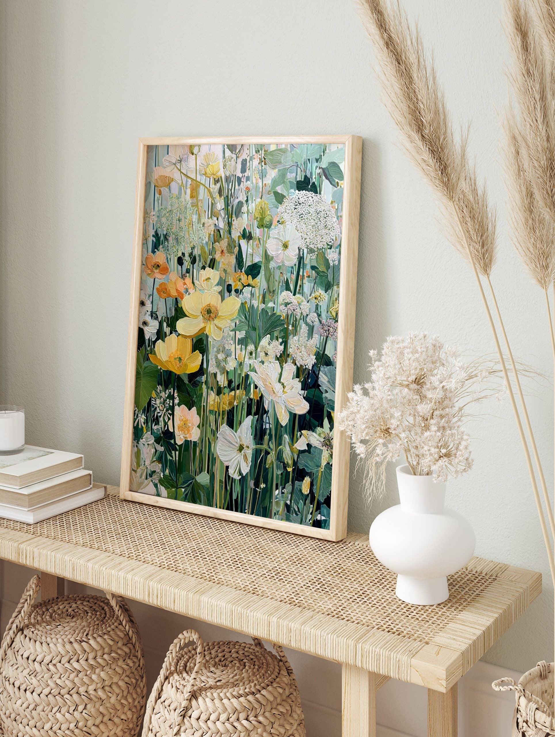 Painterly wildflower meadow art print with yellow, orange, and white flowers, green foliage, in an alternate framed mockup