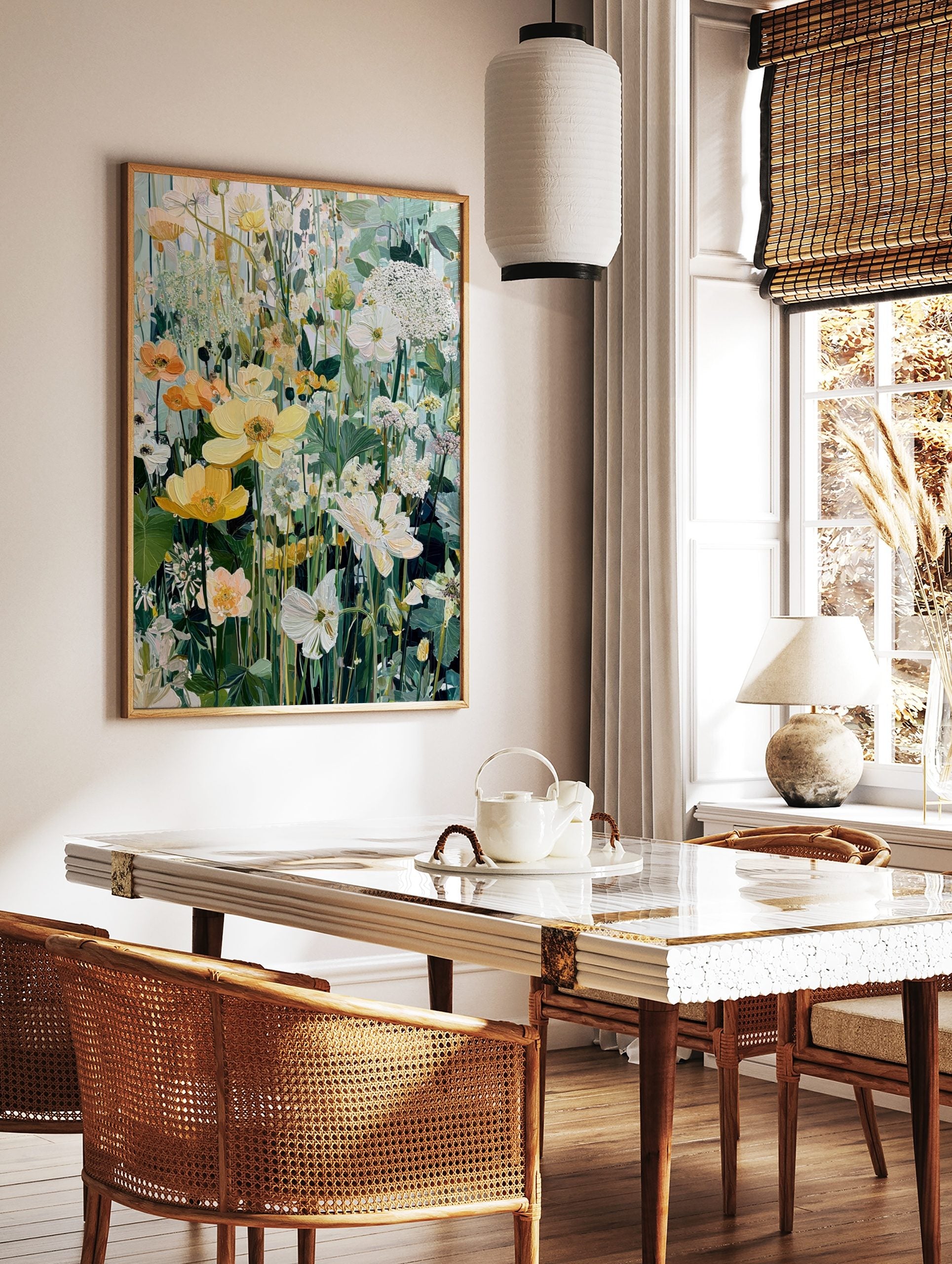 Painterly wildflower meadow art print with yellow, orange, and white flowers, green foliage, and, in a styled room mockup