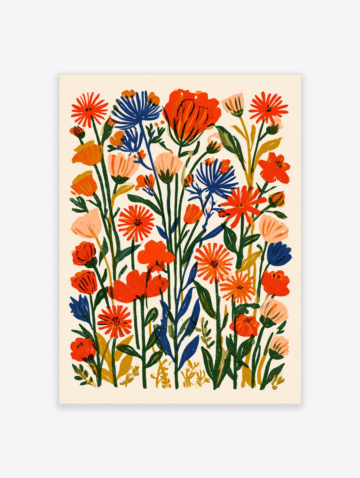 Colourful wildflower meadow art print with red, blue and orange flowers on a cream background
