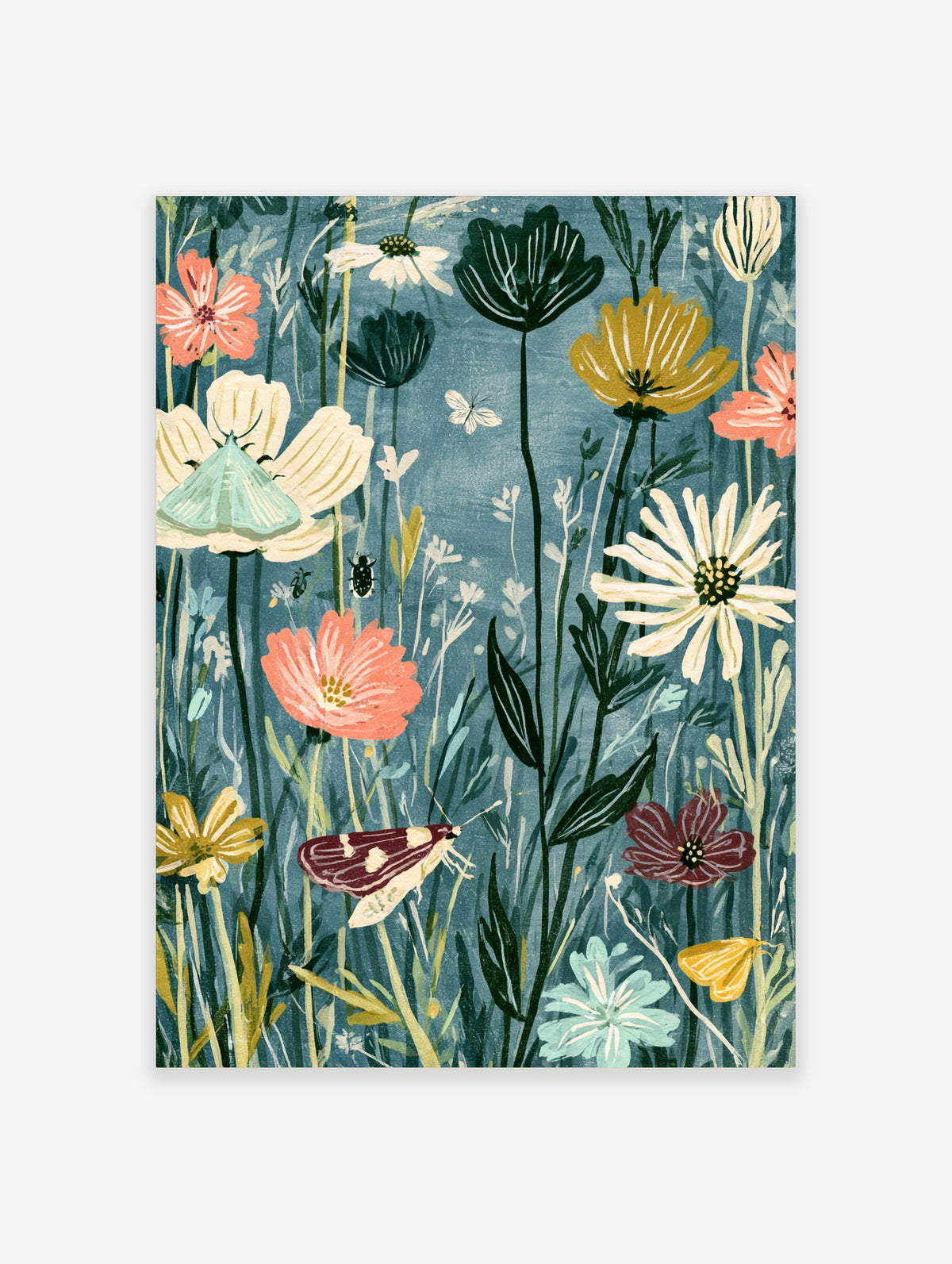 Wildflower meadow art print with pink and cream flowers, moths, and beetles on a teal background