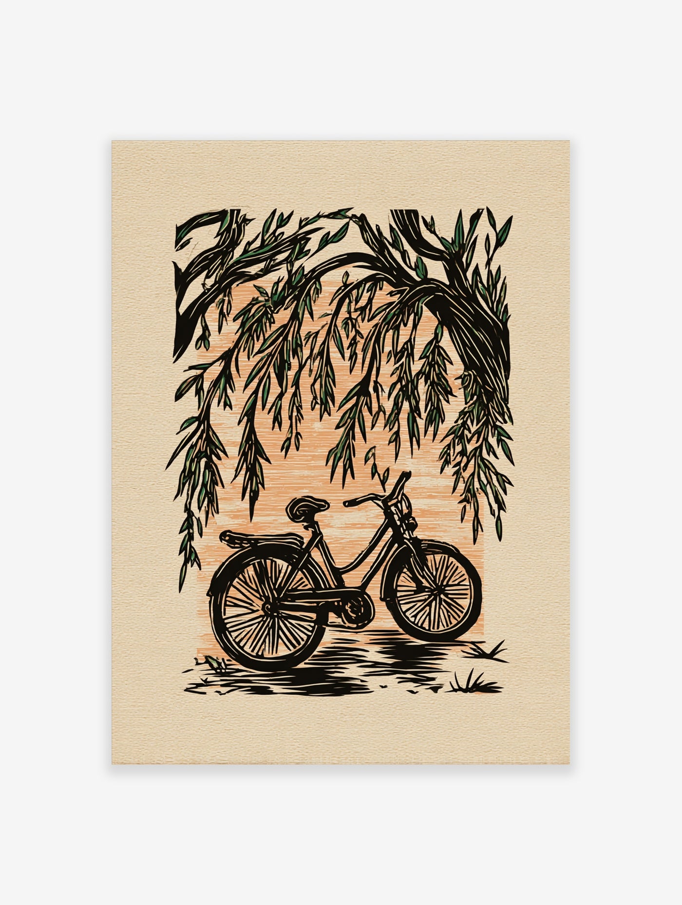 Willow tree with drooping branches and a bicycle in black and green, beige background with orange block, linocut style print