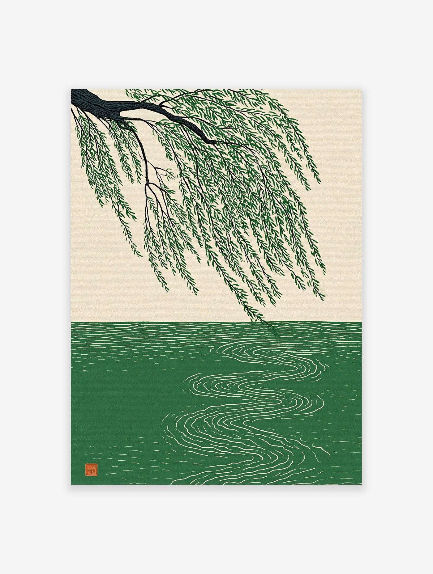 Japanese style Willow Tree poster with green leaves hanging over water with ripples.