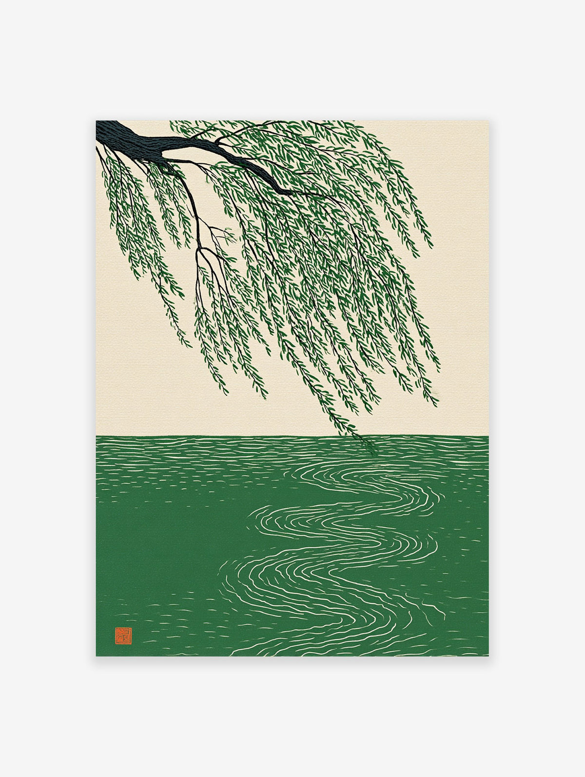Japanese style Willow Tree poster with green leaves hanging over water with ripples.