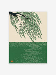 Japanese style Willow Tree poster with green leaves hanging over water with ripples.