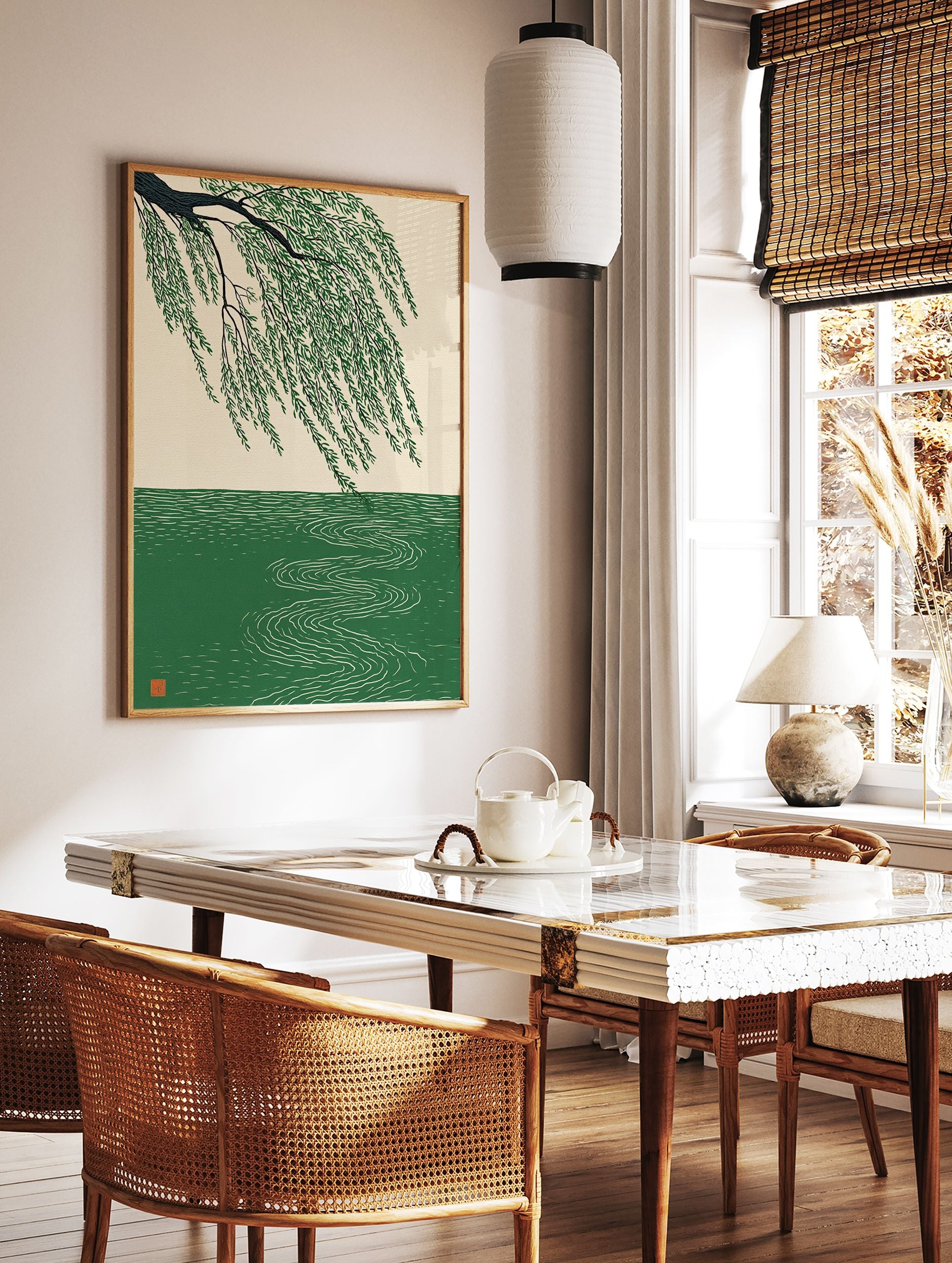 Japanese style Willow Tree poster with green leaves hanging over water with ripples. - Image 2