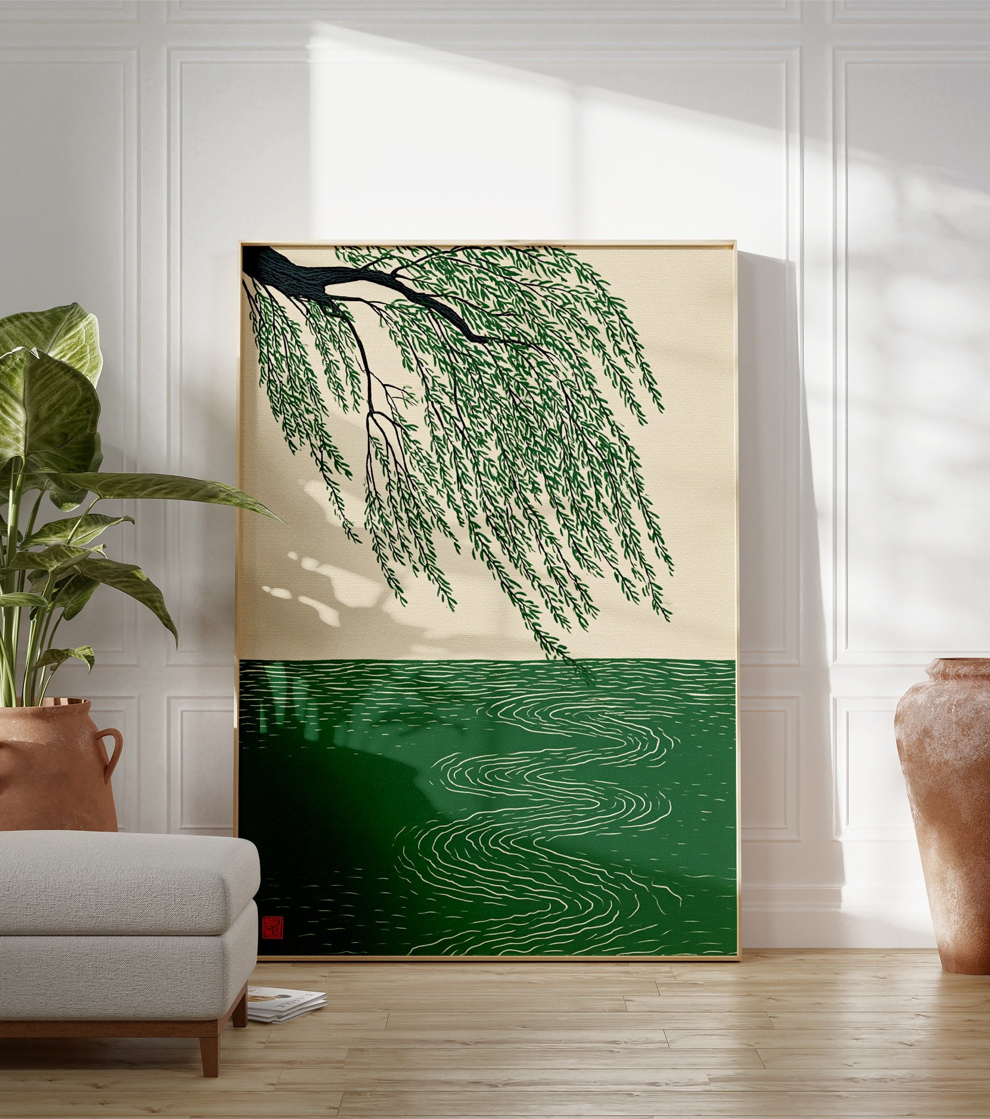 Japanese style Willow Tree poster with green leaves hanging over water with ripples. - Image 3