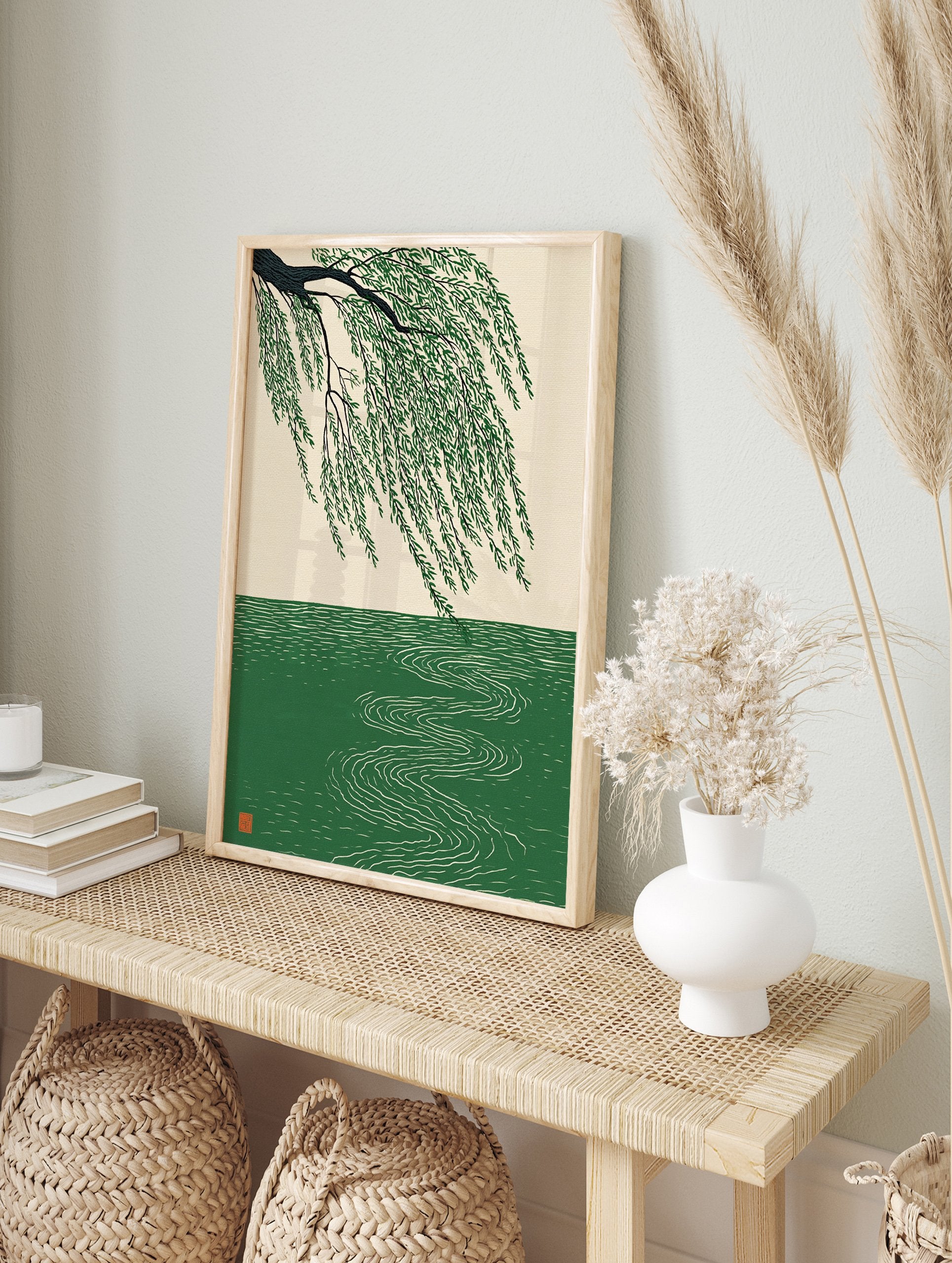 Japanese style Willow Tree poster with green leaves hanging over water with ripples. - Image 4