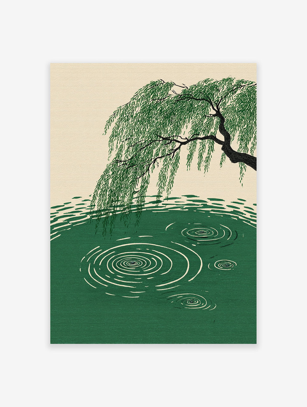 A serene Willow Tree Water Ripples Poster showing a green willow tree bending over green water with white ripples.