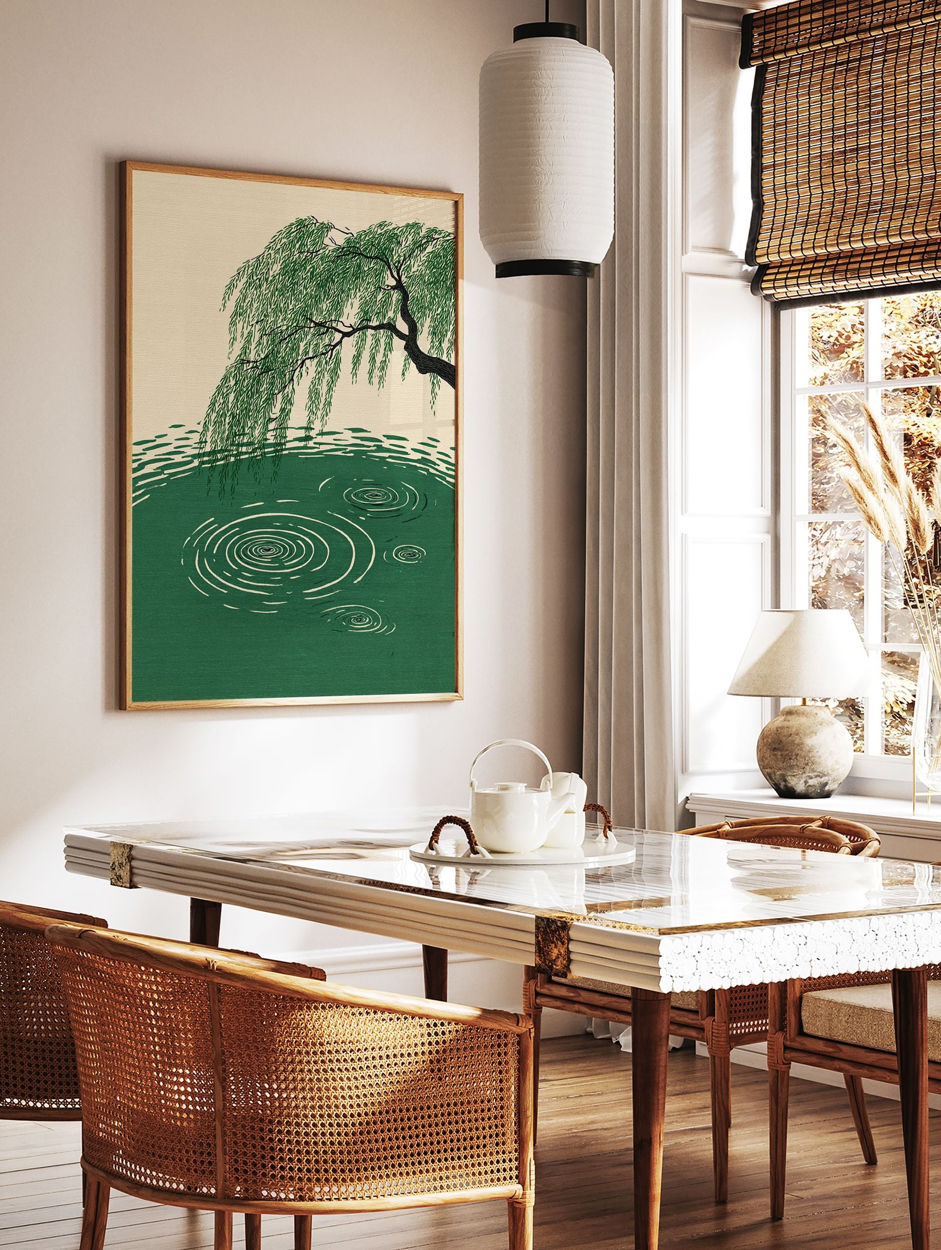 A serene Willow Tree Water Ripples Poster showing a green willow tree bending over green water with white ripples. - Image 2