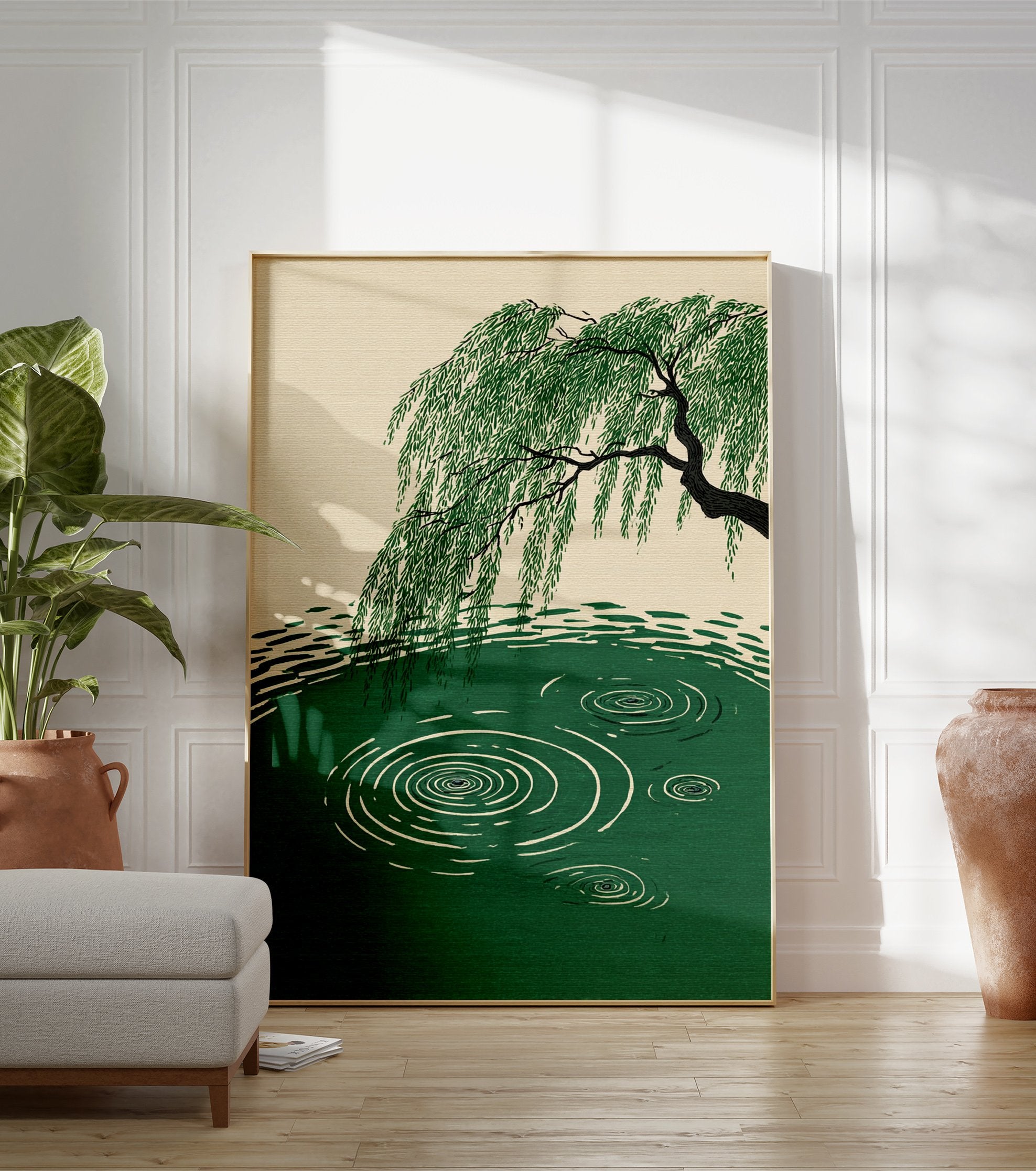 A serene Willow Tree Water Ripples Poster showing a green willow tree bending over green water with white ripples. - Image 3
