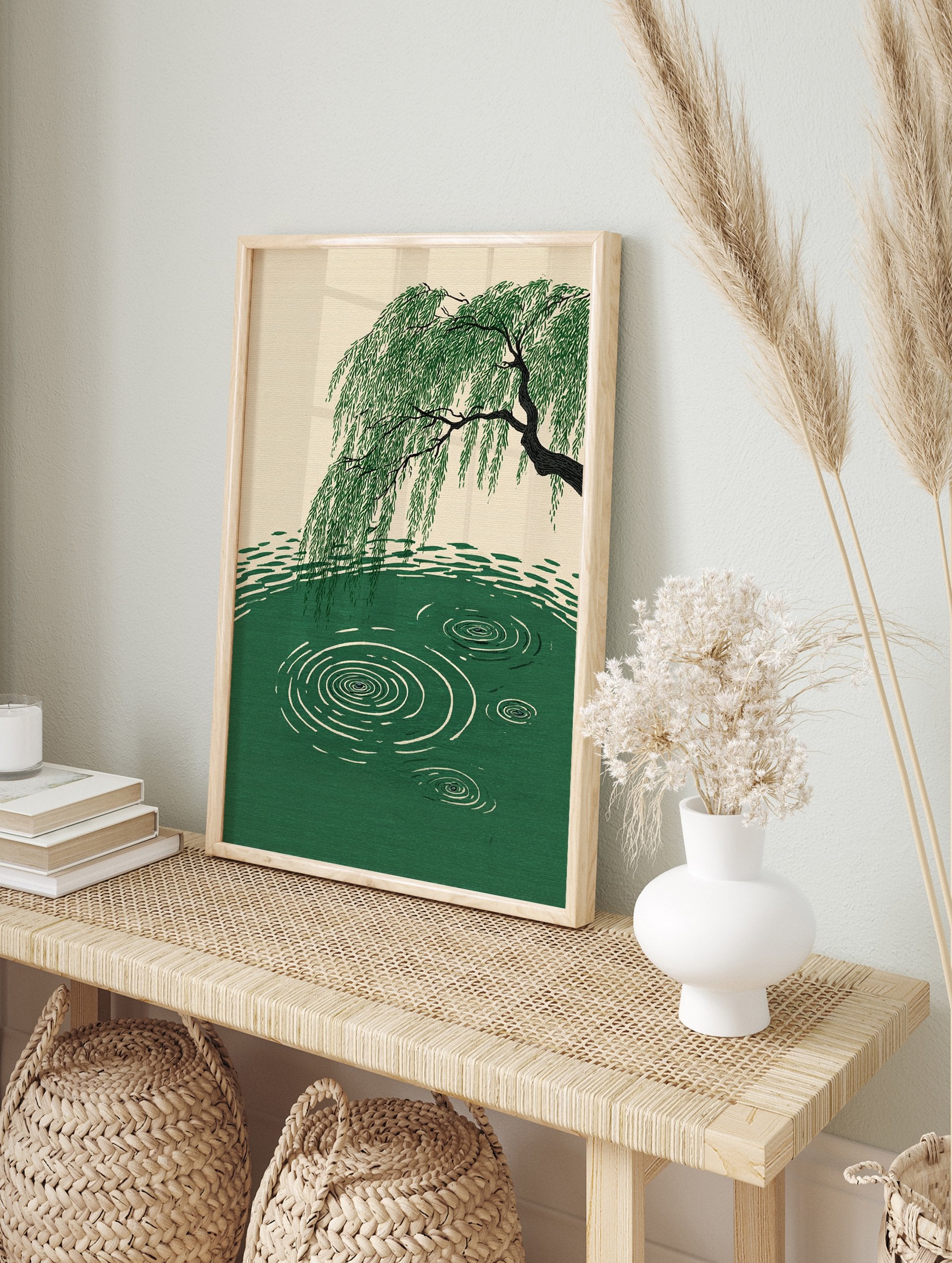 A serene Willow Tree Water Ripples Poster showing a green willow tree bending over green water with white ripples. - Image 4