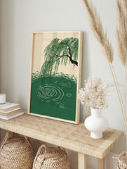 A serene Willow Tree Water Ripples Poster showing a green willow tree bending over green water with white ripples. - Image 4