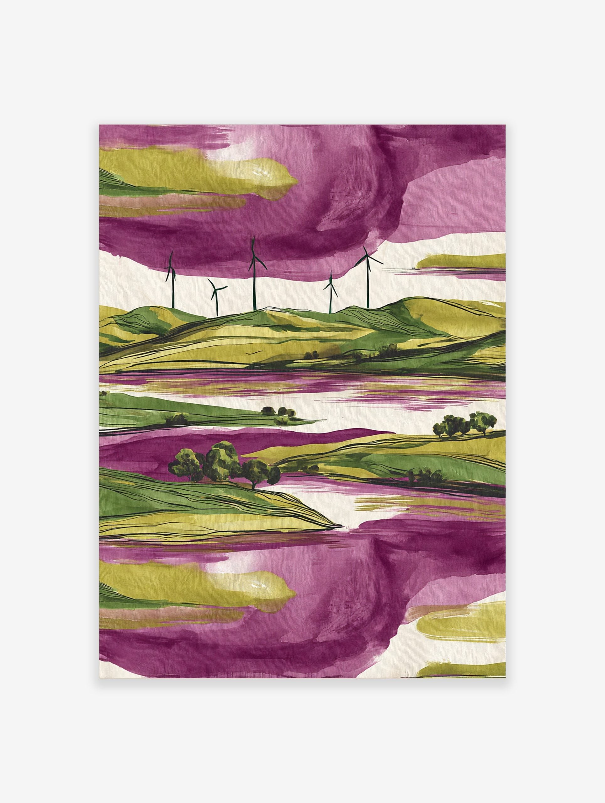 Modern landscape art print with green hills, wind turbines, purple water, and a purple and green sky