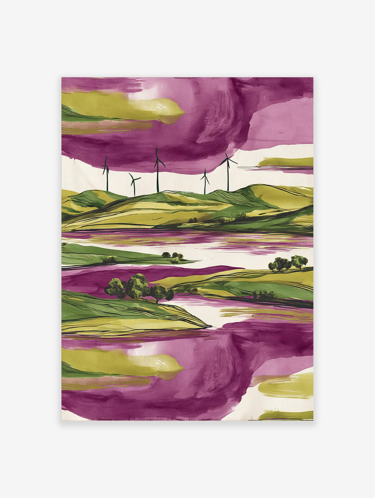 Modern landscape art print with green hills, wind turbines, purple water, and a purple and green sky