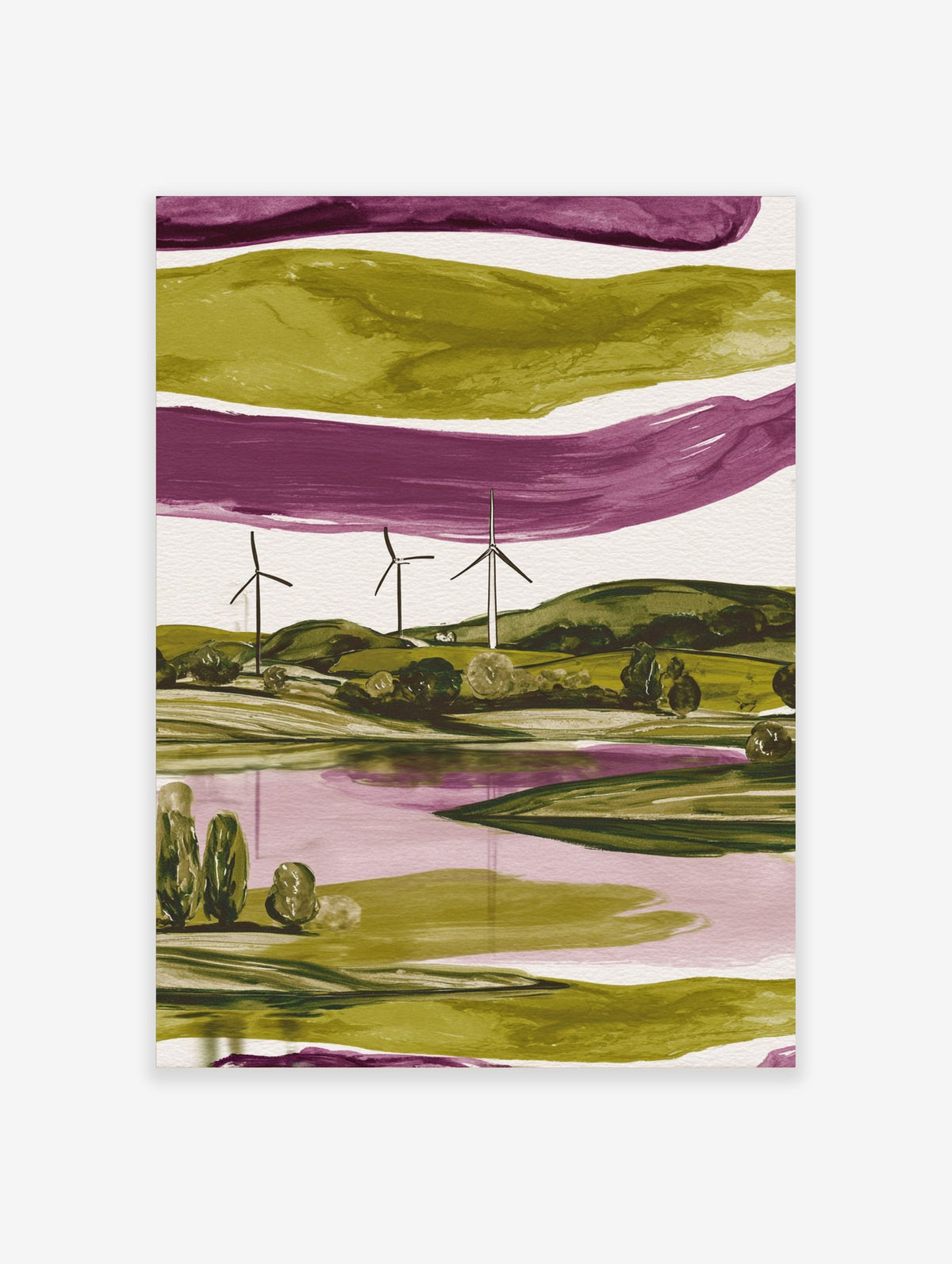 Modern abstract landscape art print with three wind turbines, green hills, and a purple lake
