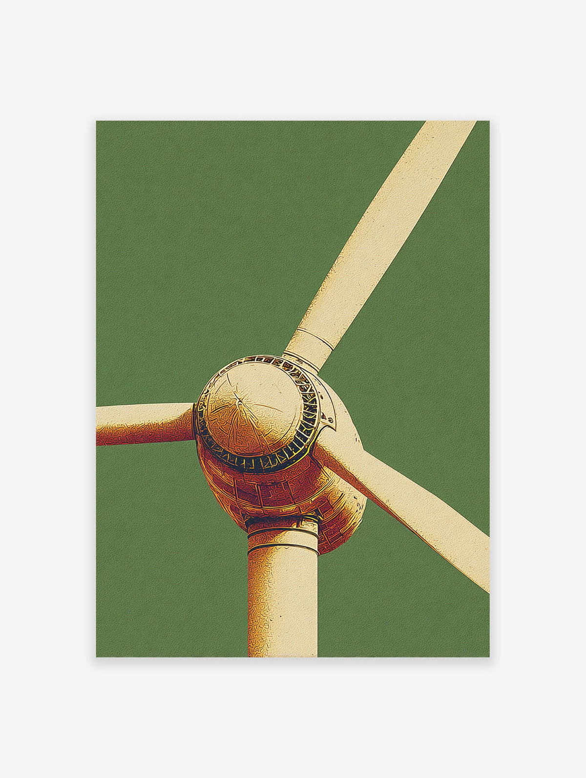 Close-up of a modern wind turbine in gold tones against a textured green background, stylized illustration.