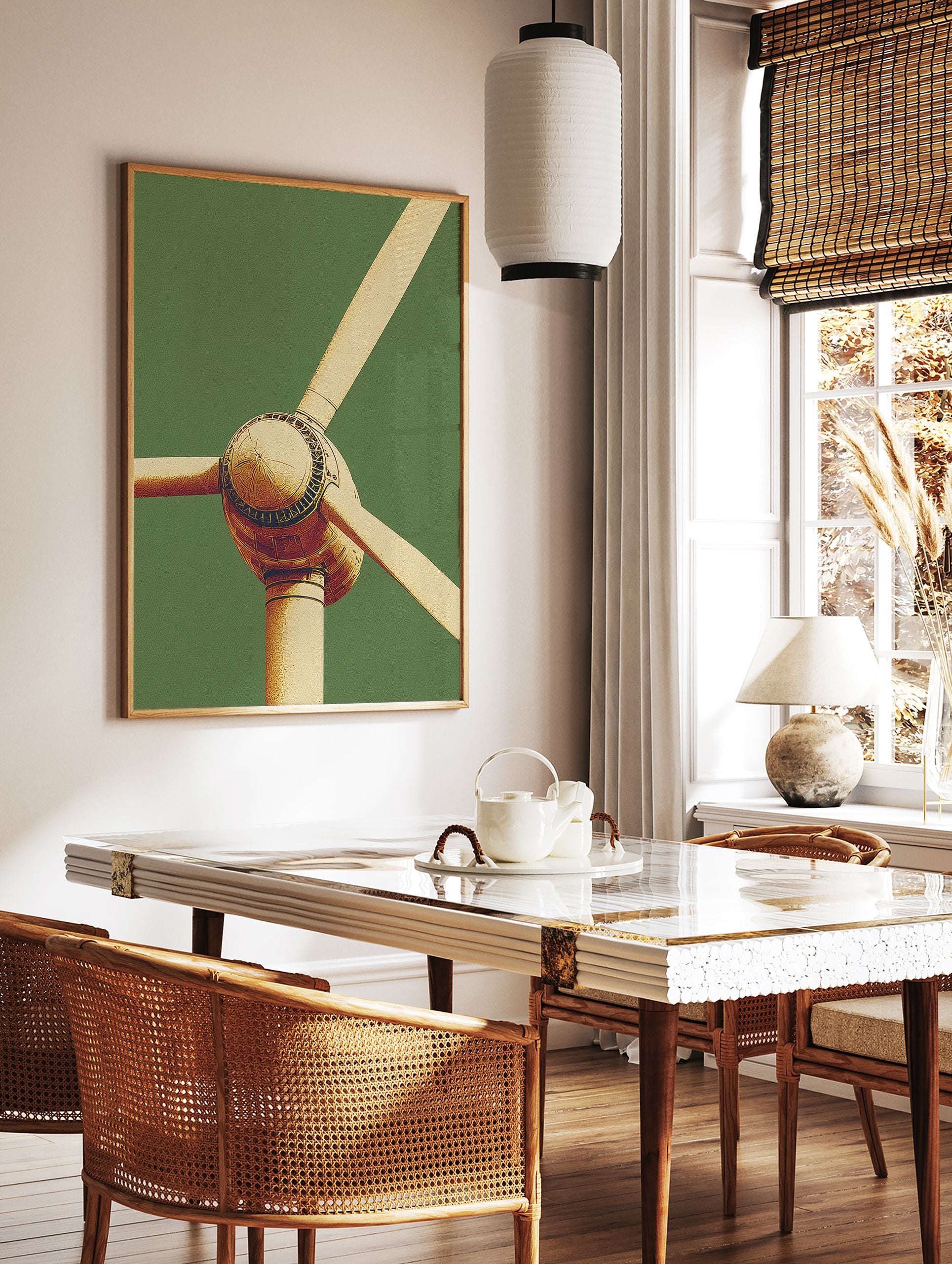 Close-up of a modern wind turbine in gold tones against a textured green background, stylized illustration. - Image 2
