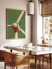 Close-up of a modern wind turbine in gold tones against a textured green background, stylized illustration. - Image 2