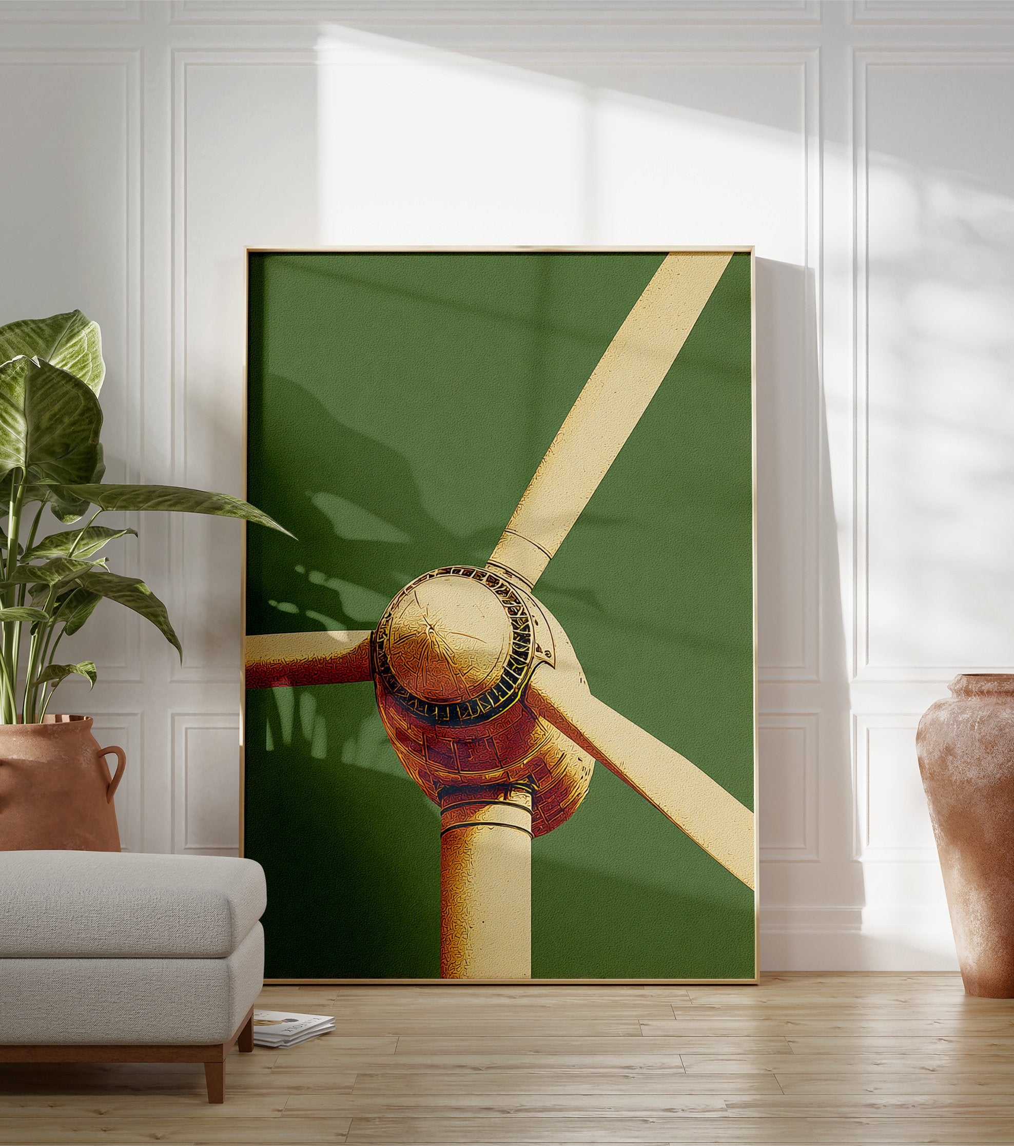Close-up of a modern wind turbine in gold tones against a textured green background, stylized illustration. - Image 3