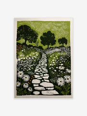 Illustrative garden print with winding stone path, white wildflowers, and dark trees against a green sky