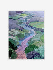 Illustrative landscape art print of a winding pink path through a green valley with blue water and textured foliage