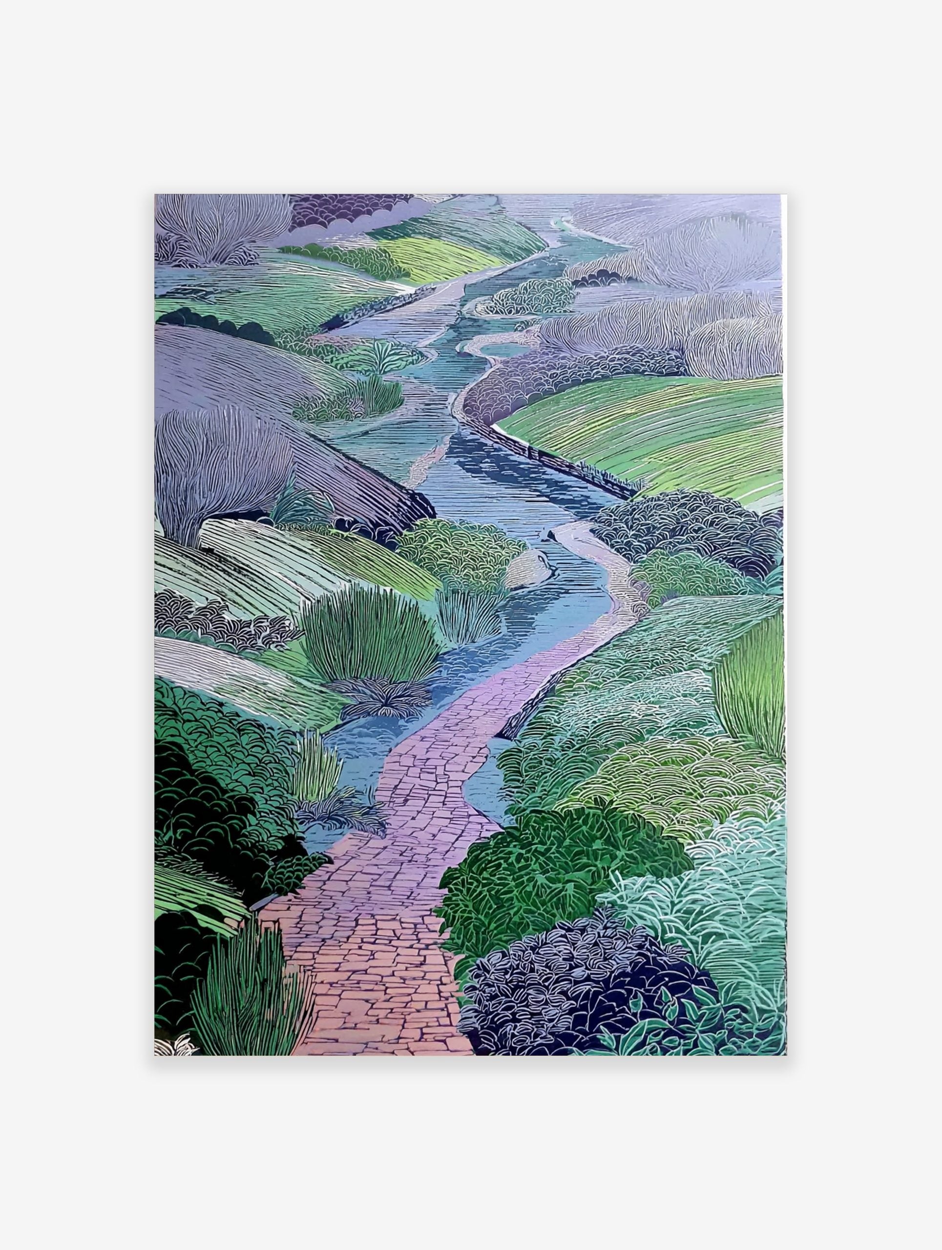 Illustrative landscape art print with a winding pink brick path, blue river, and green and purple fields