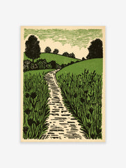 Linocut-style art print of a winding path through green fields with trees and a textured sky