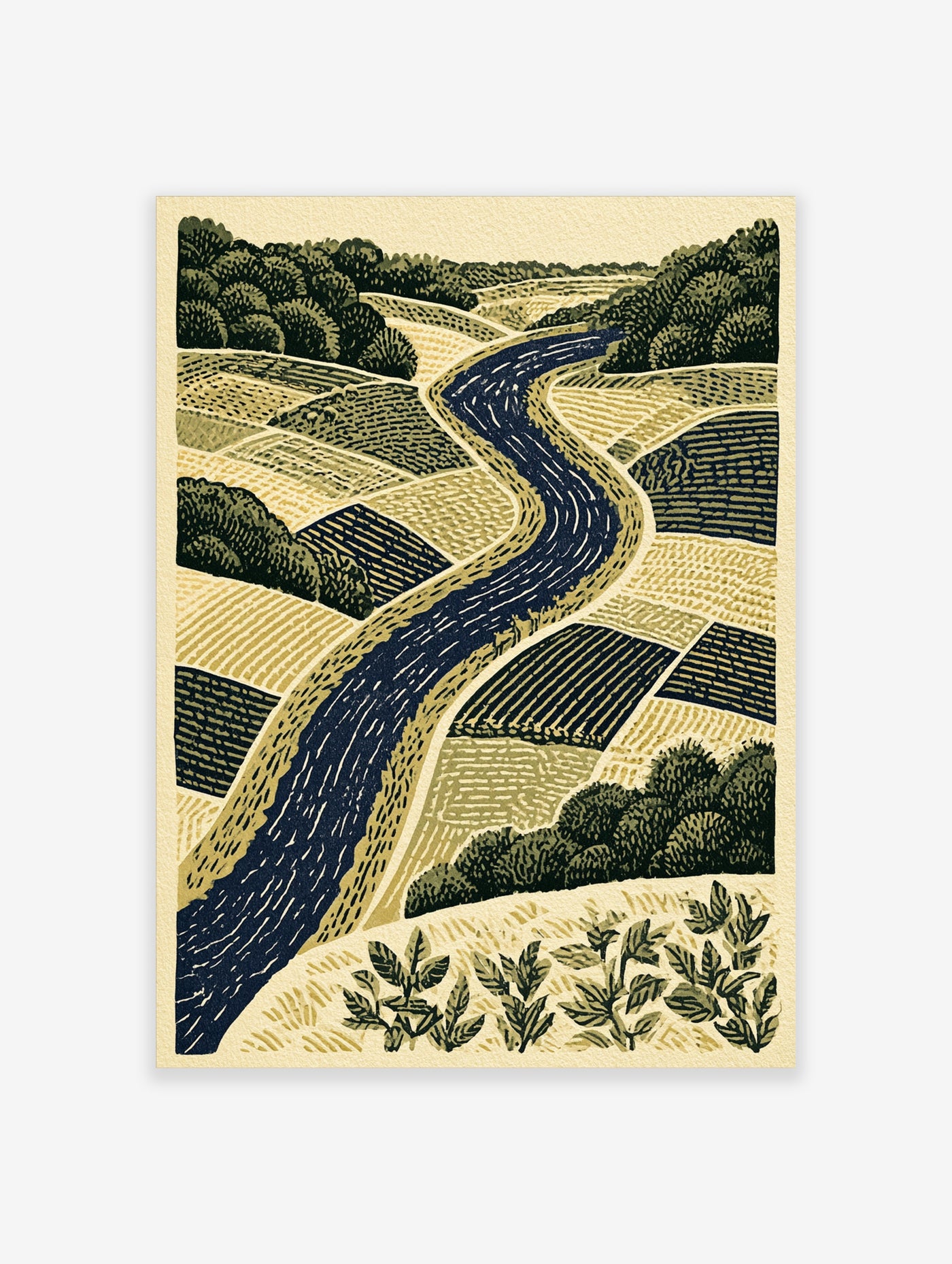 Illustrative landscape wall art print with a winding navy blue river flowing through textured green and beige fields