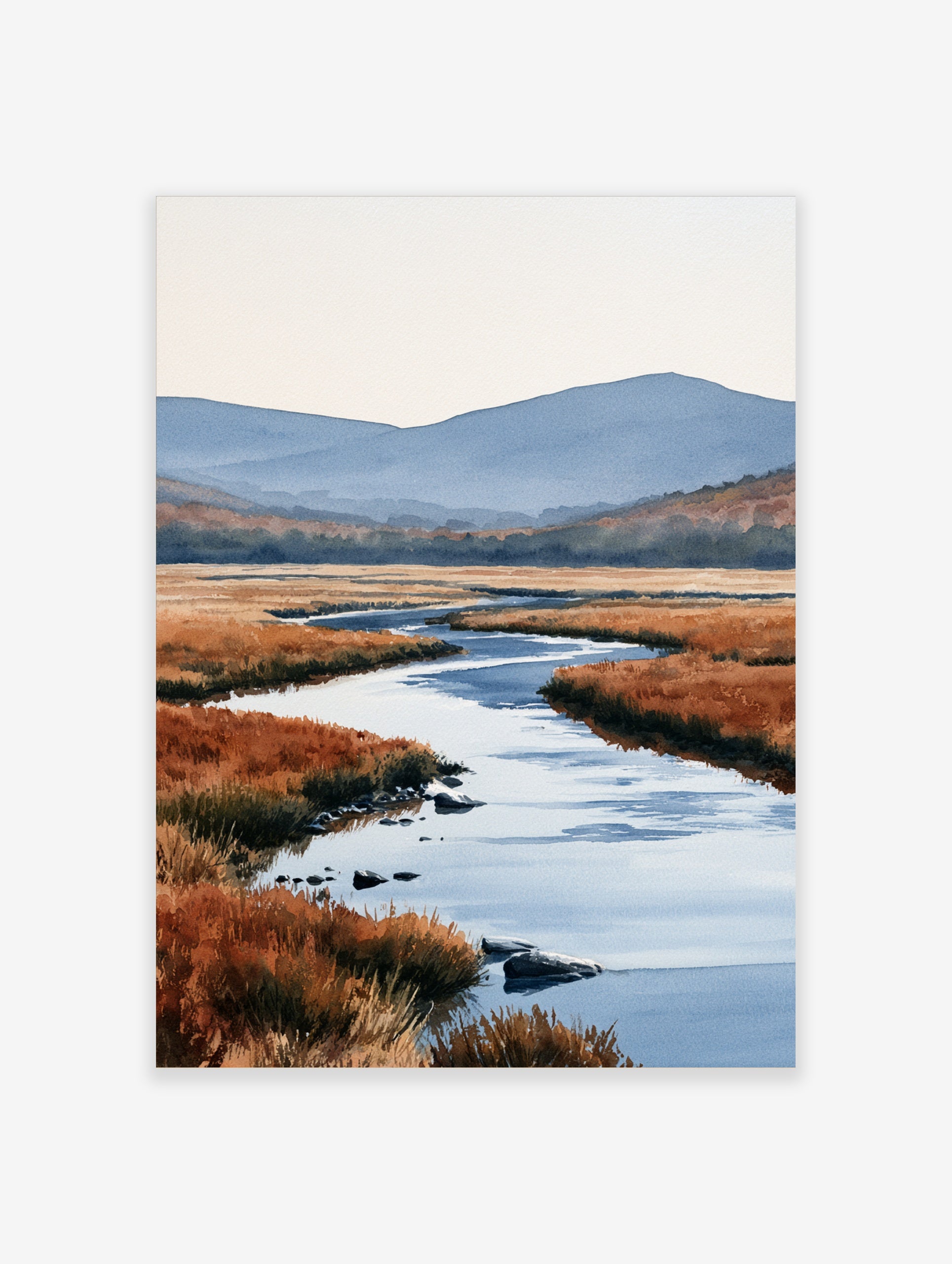 Watercolour landscape art print of a winding river through orange marshland with blue mountains in the distance