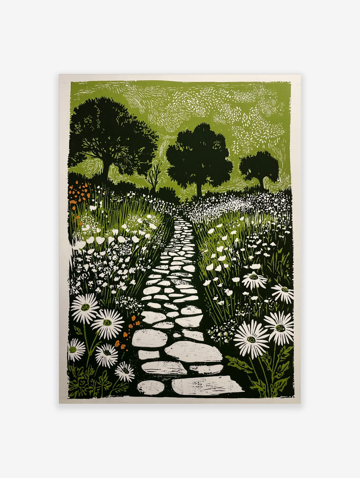 Linocut-style garden print with a winding stone path, white daisy flowers, and dark green trees against light green