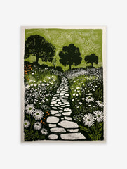 Linocut-style garden print with a winding stone path, white daisy flowers, and dark green trees against light green