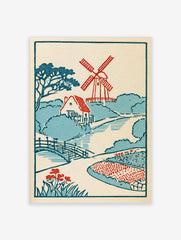 Vintage-style illustrative print featuring a red windmill, cottage, arched bridge, and red flowers on a cream background