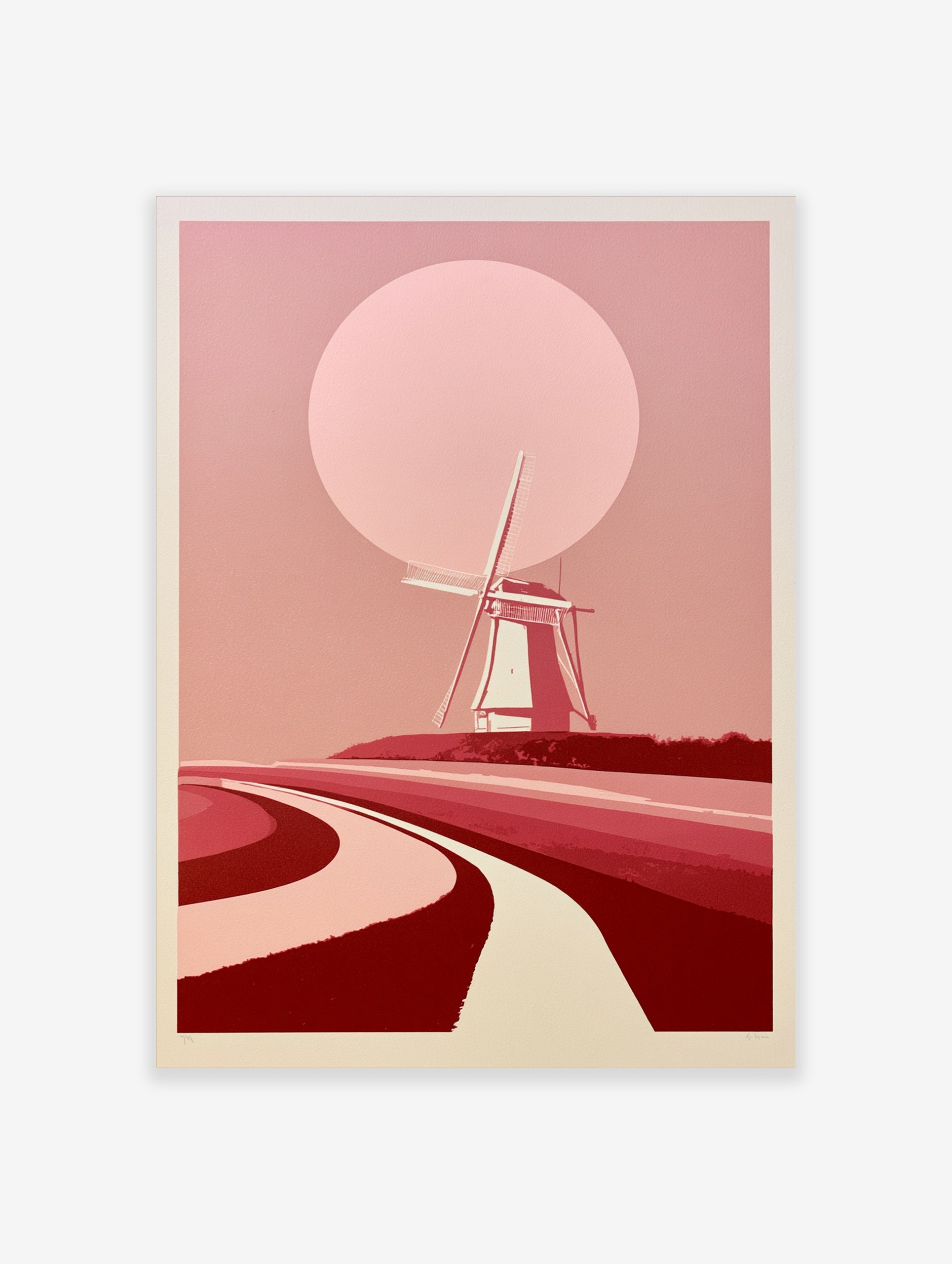Minimalist windmill landscape wall art with a large pink sun and curved paths in shades of red and light pink