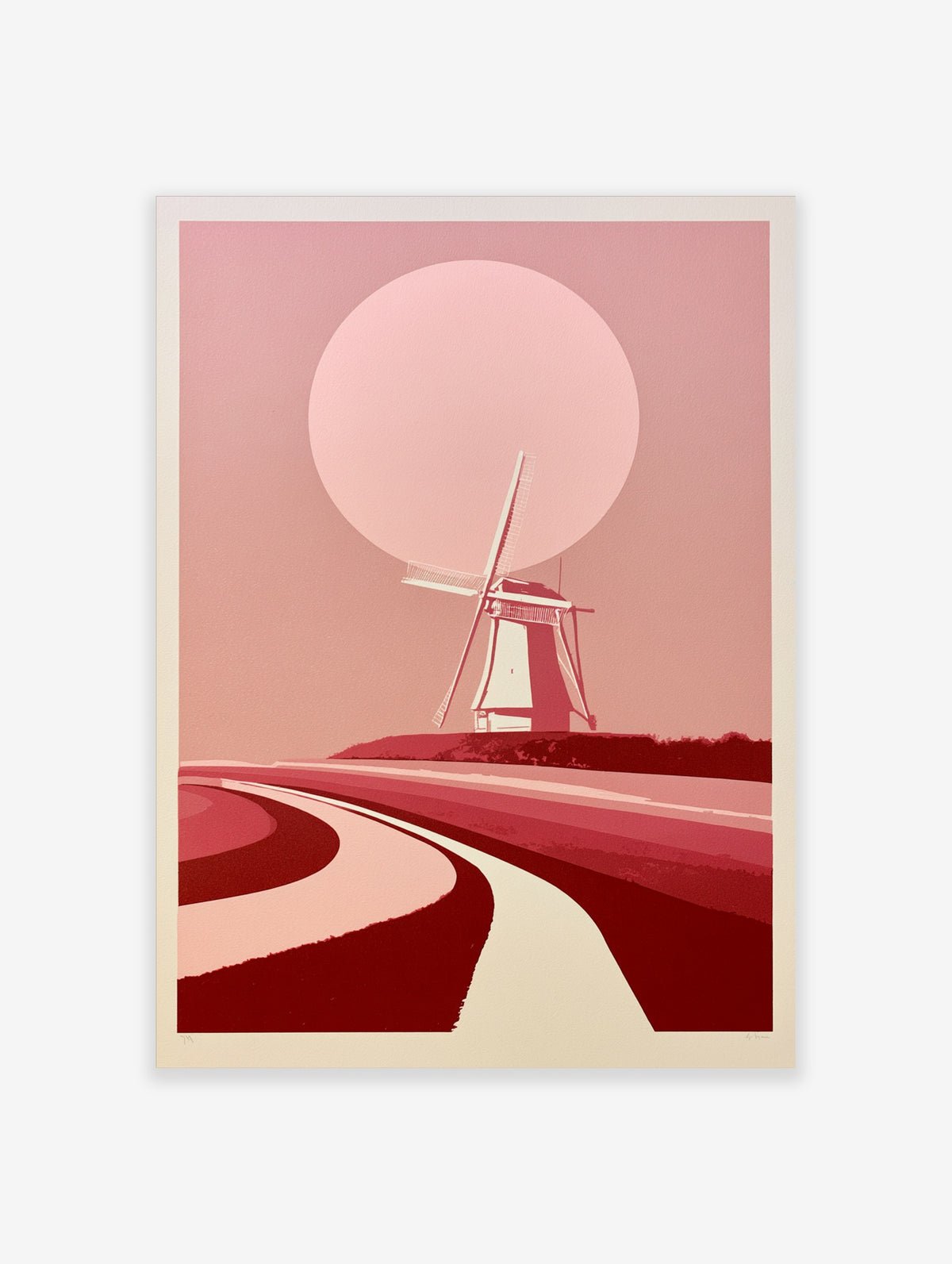 Minimalist windmill landscape wall art with a large pink sun and curved paths in shades of red and light pink