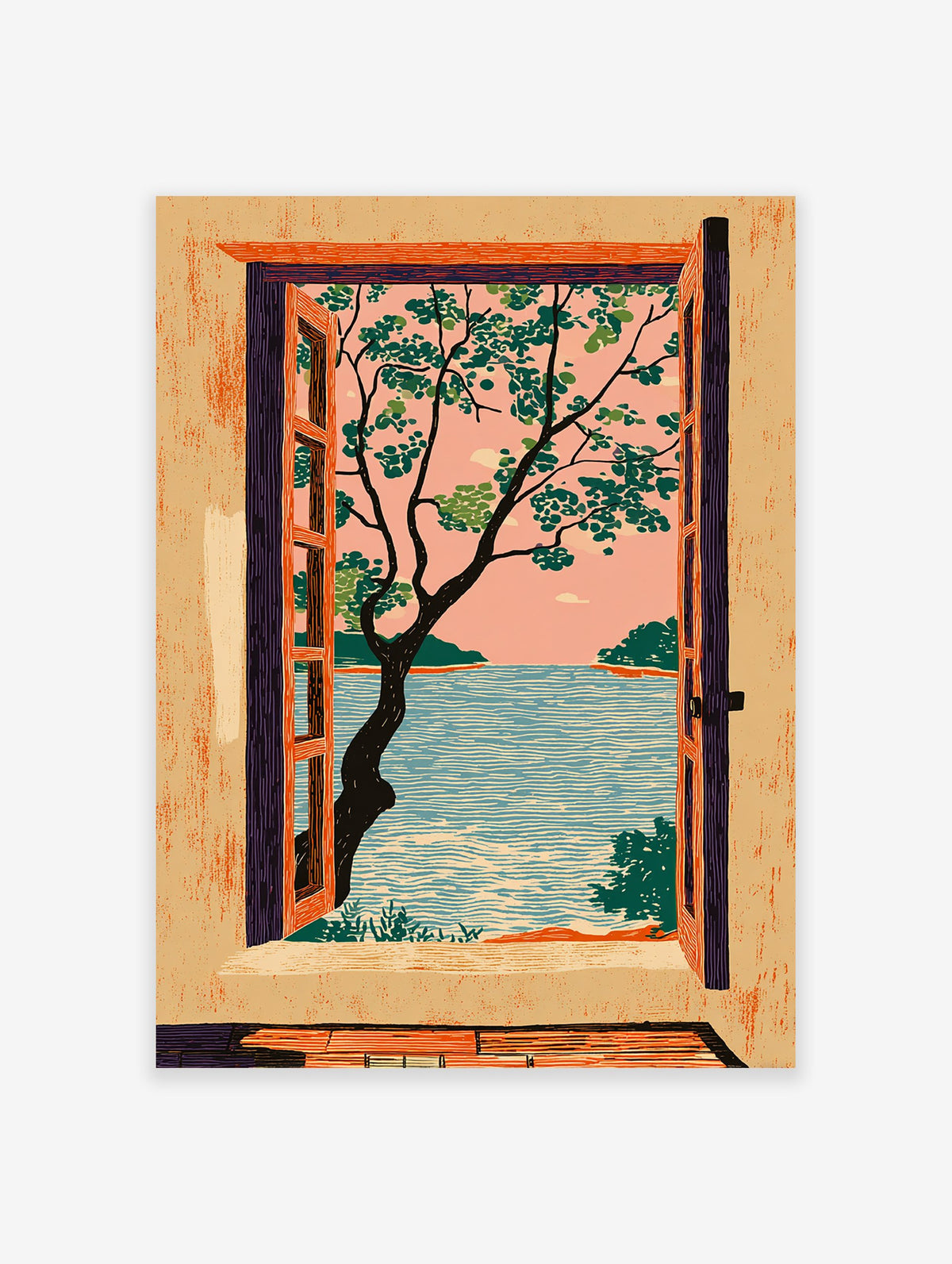 Illustrative art print of a window view showing a tree, blue ocean, distant islands, and a pink sky.