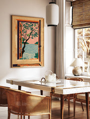 Illustrative art print of a window view showing a tree, blue ocean, distant islands, and a pink sky. - Image 2