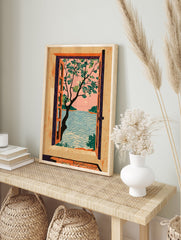 Illustrative art print of a window view showing a tree, blue ocean, distant islands, and a pink sky. - Image 3