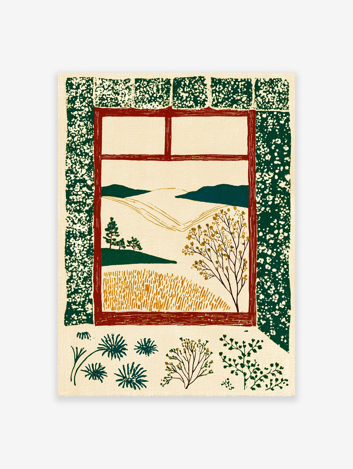 Illustrative window view art print showing a rustic landscape with green hills, golden fields, and a tree, framed in red.