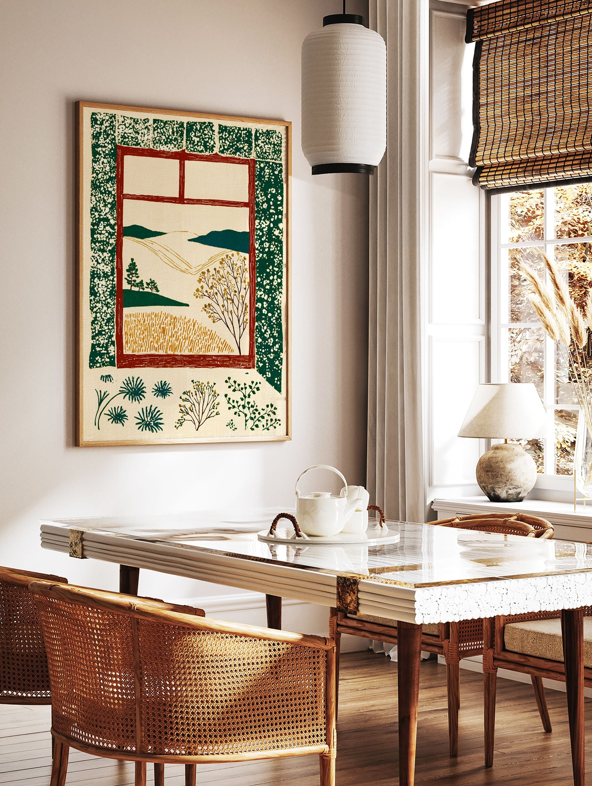 Illustrative window view art print showing a rustic landscape with green hills, golden fields, and a tree, framed in red. - Image 2