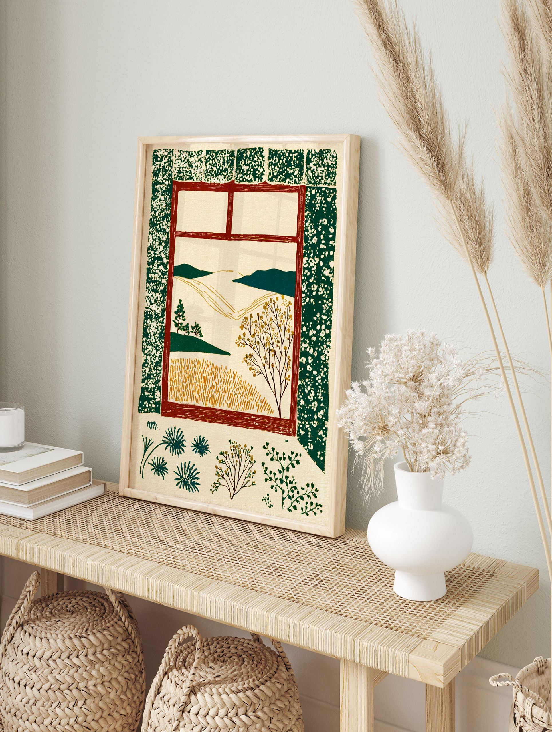 Illustrative window view art print showing a rustic landscape with green hills, golden fields, and a tree, framed in red. - Image 3