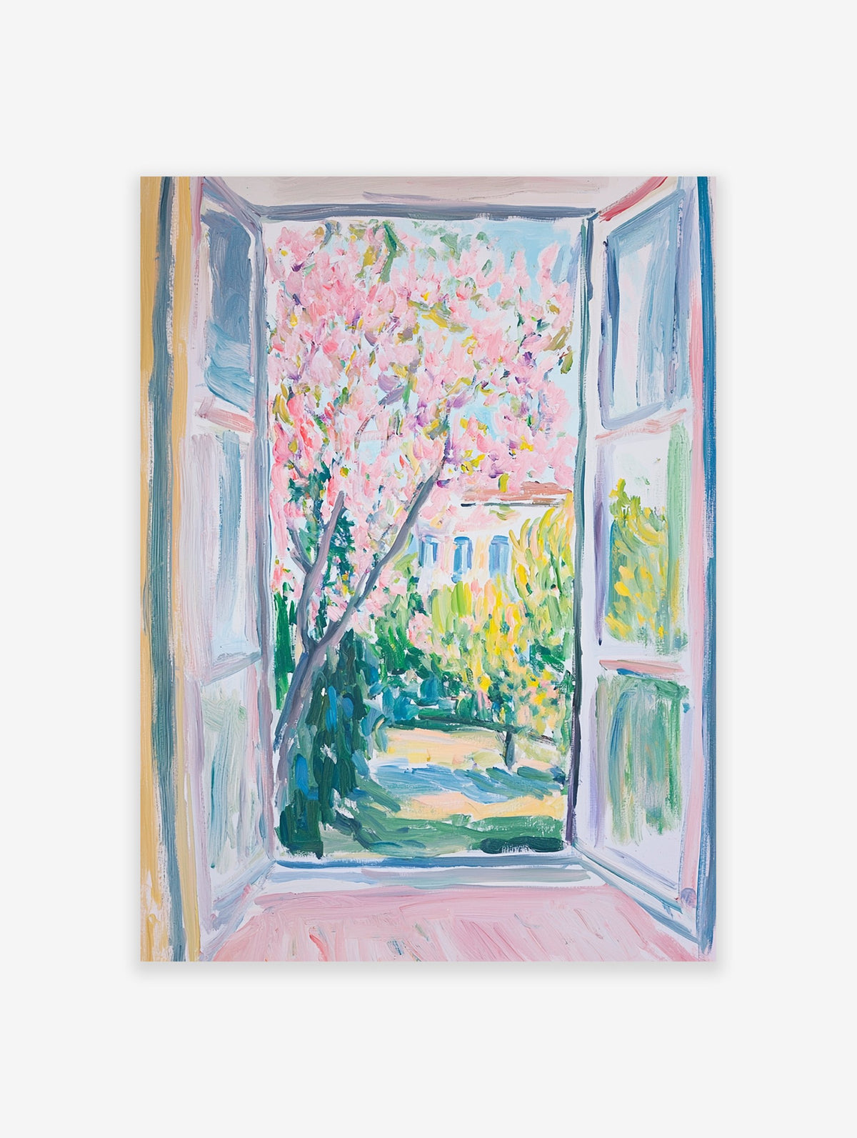 Impressionist Window View Poster showing a vibrant pink blossom tree in a lush green garden with a building in the background.