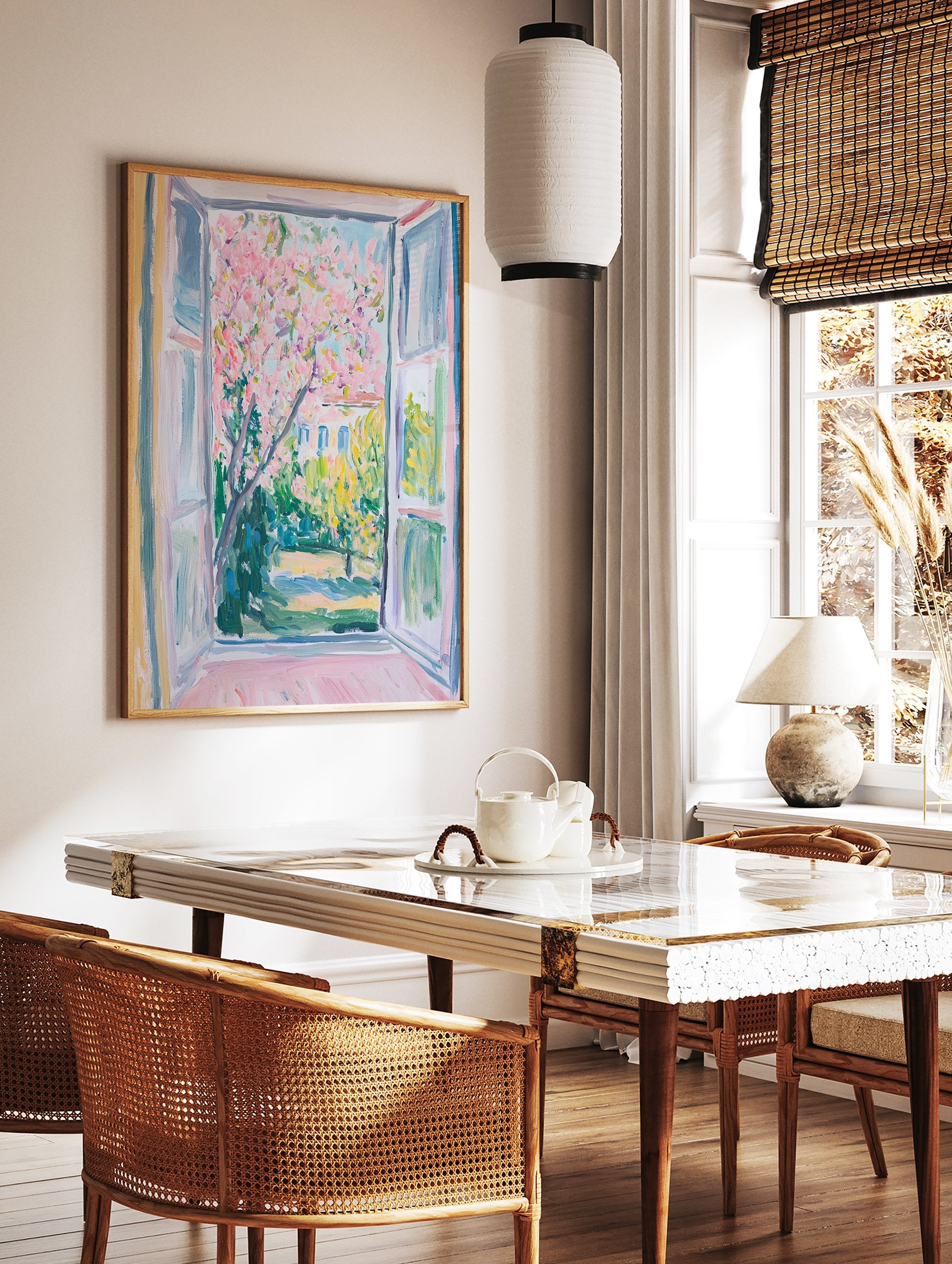 Impressionist Window View Poster showing a vibrant pink blossom tree in a lush green garden with a building in the background. - Image 2