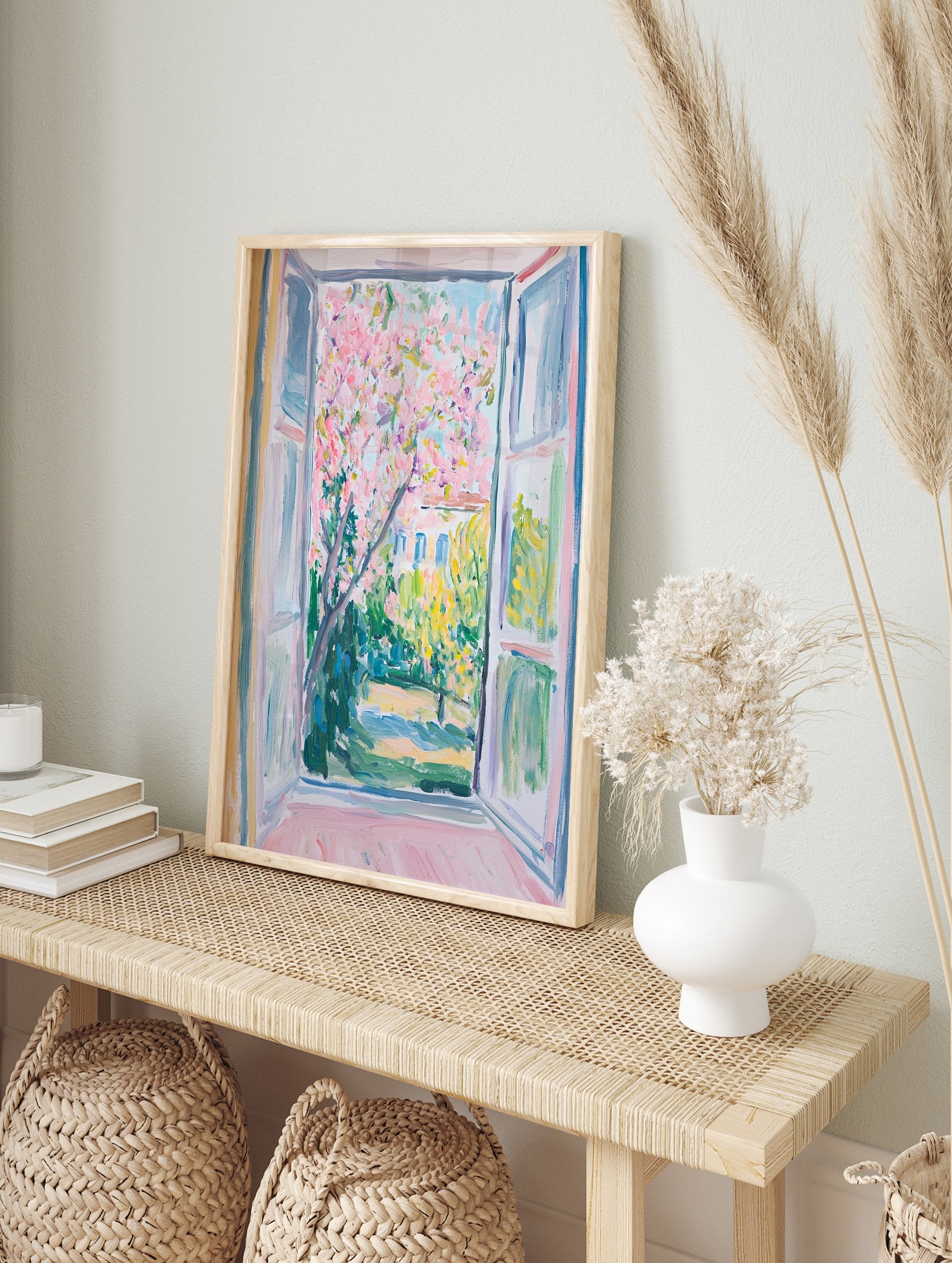 Impressionist Window View Poster showing a vibrant pink blossom tree in a lush green garden with a building in the background. - Image 4