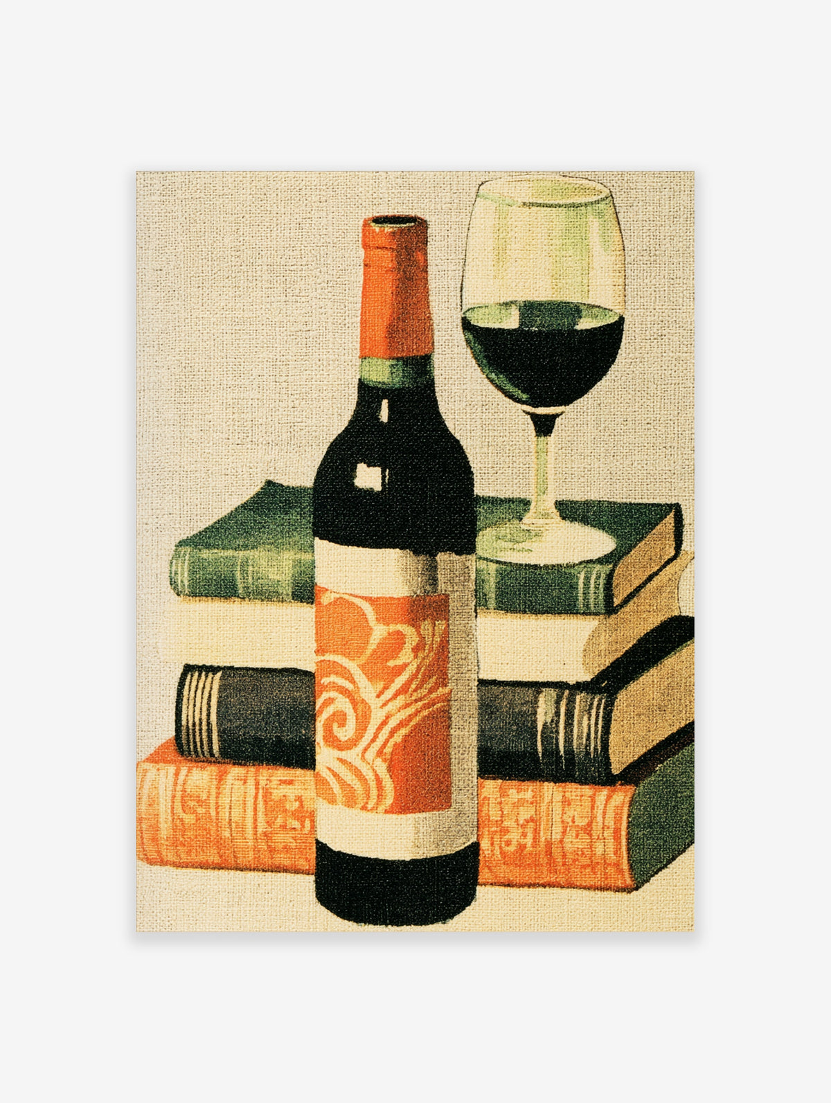 Wine bottle and glass with stacked books still life poster in orange and green